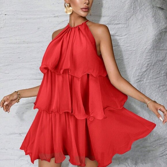 Red Casual Women's ruffled teired haltered mini Dress - Picture 5 of 6